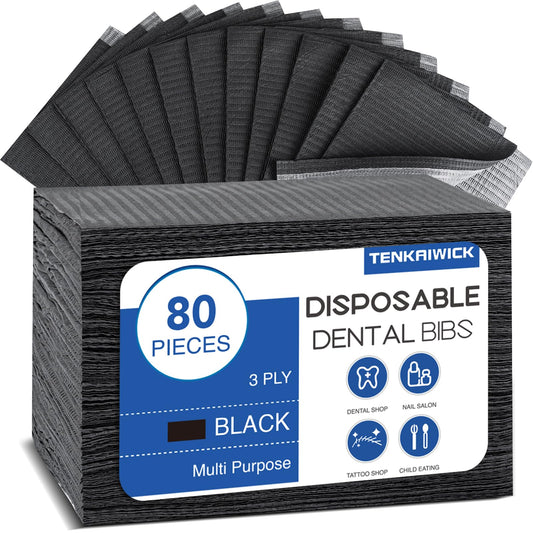 80 Pack Disposable Dental Bibs 13"x18", 3-Ply Waterproof Tattoo Bibs Sheet for Nail Salon, Dental Clinic, Feeding, Tattoo Shop (Black)