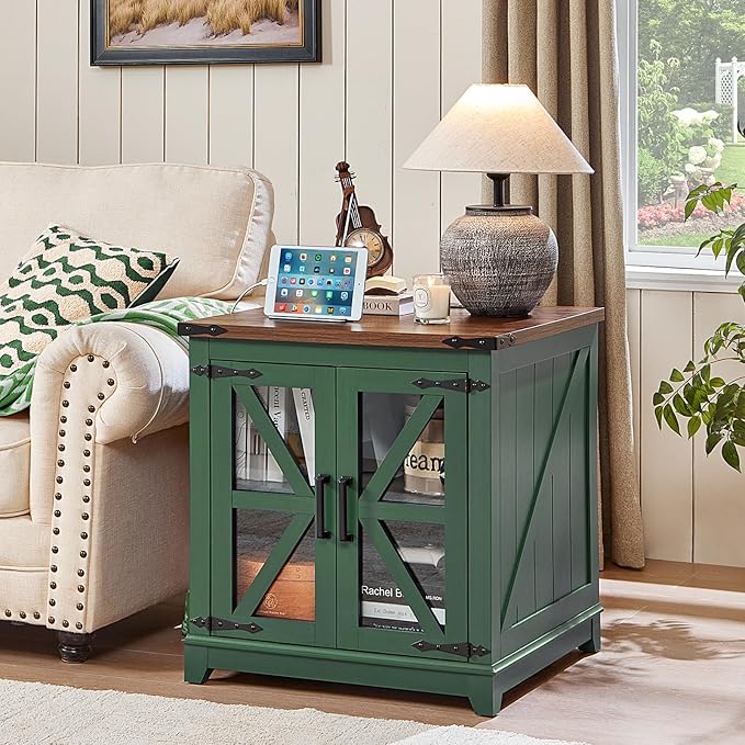 Joaxswe Farmhouse End Table with Charging Station Set 2, 24" Large Sofa Side Table with Glass Barn Door, Nightstand with Adjustable Storage Shelf, Wood Square Bedside Table for Living Room, Bedroom
