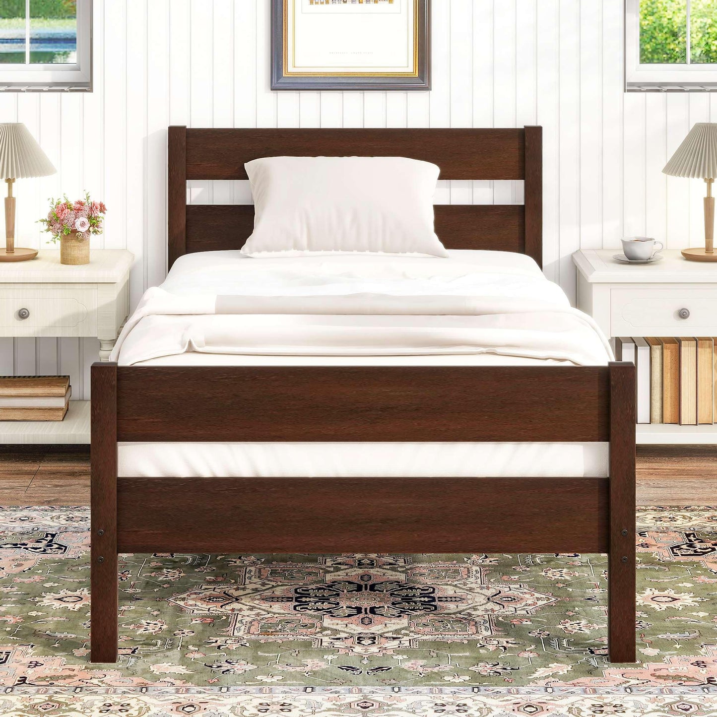 Twin Size Bed Frame with Headboard and Footboard for Kids, Farmhouse Wood Platform Bed with Storage and Slat Support, No Box Spring Needed, Espresso
