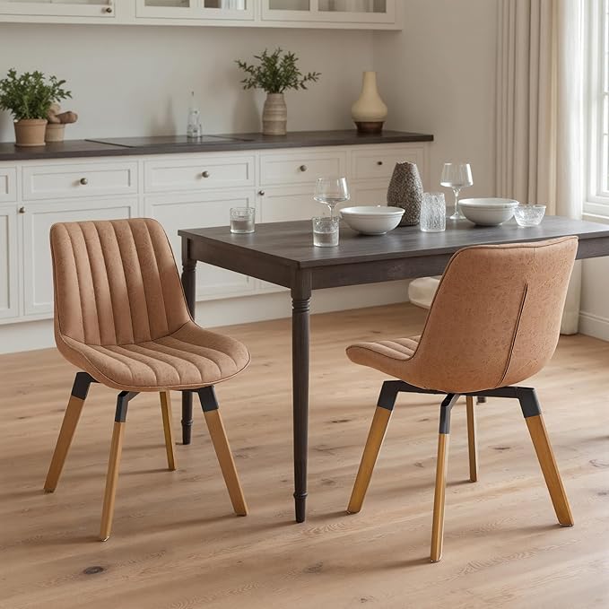 Art Leon Swivel Dining Chairs Set of 2, Mid Century Modern Kitchen Dining Room Chairs, Upholstered Faux Leather Armless Side Chair with Wood Legs for Living Room Bedroom, Brown