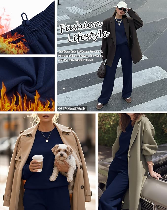 Sweetyweee Women's 2 Piece Outfits Set Fleece Lined Lounge Sweatsuit Crewneck Pullover Top Wide Leg Pants Casual Tracksuit