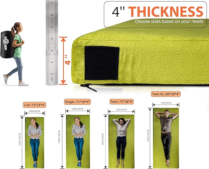Extra Thick GAIALOOP 4 INCH Memory Foam Camping Mattress, Roll Up Floor Sleeping Mat Camp Cot Mattress Pad Travel Camping Couch Bed for Guest Adults Side Sleepers