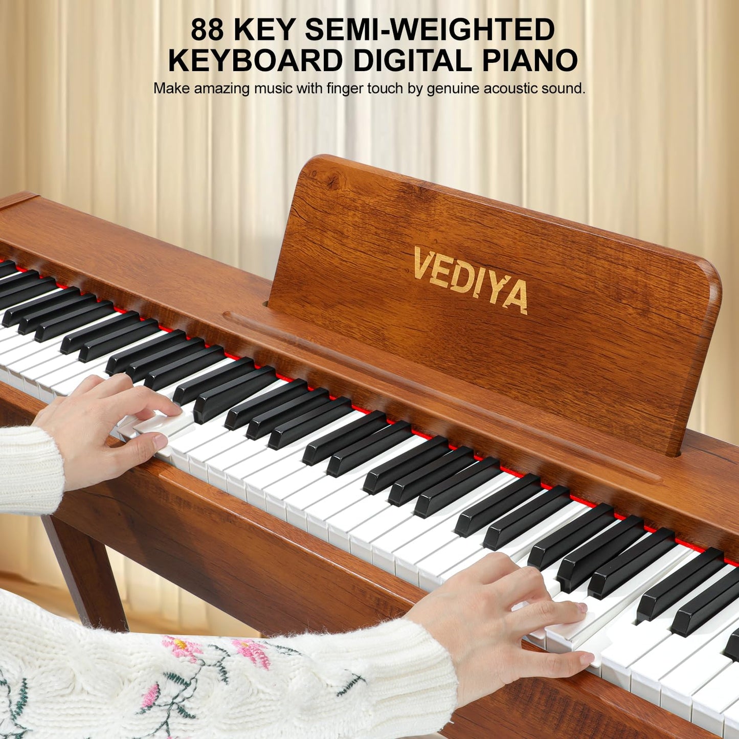 Vediya Digital Piano 88 Keys Semi-Weighted Full Size Keyboard for Beginners, Electric Piano with MIDI, Pedal, Keyboard Piano 800 Tones, 600 Rhythms, Dual Speakers, Recording Function (Brown)