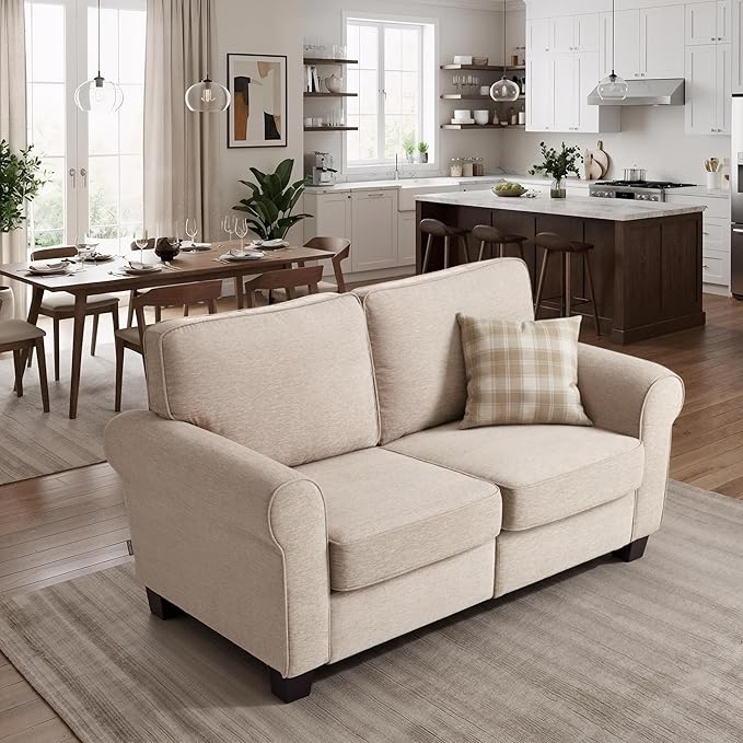 MCombo 67.7" Loveseat Sofa, 2-Seater Small Couch for Small Spaces, Classic Rolled Arm Upholstered Sofa with Solid Wood Legs for Living Room, Removable Cover, Chenille Fabric VE730 (Beige)