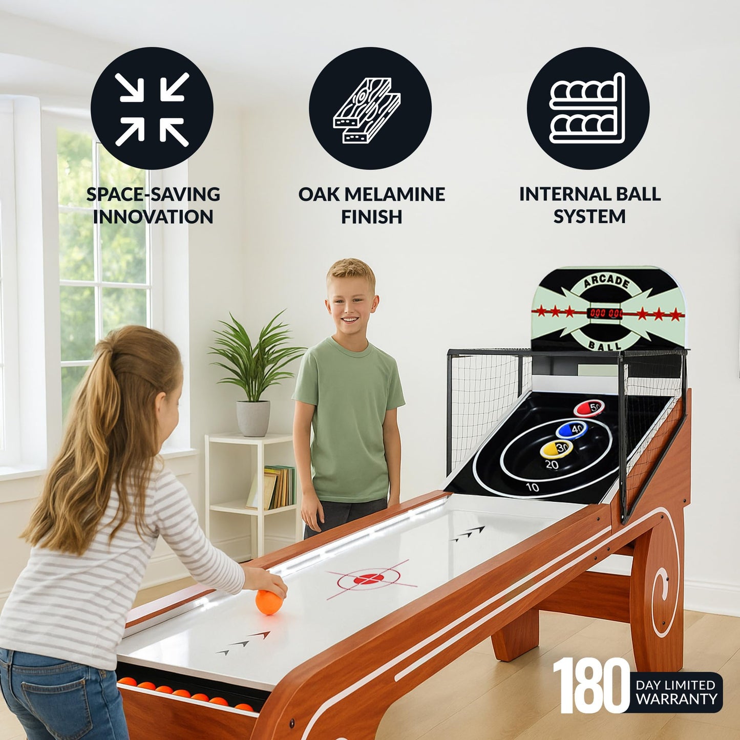 Hathaway Boardwalk 8-ft Arcade Ball Table for Family Game Rooms with LED Track Lighting, Scratch-Resistant Playfield