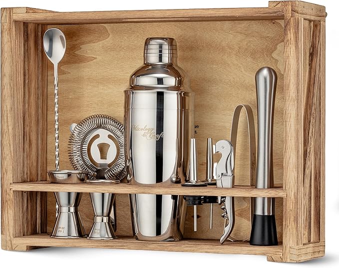 Mixology & Craft 11-Piece Cocktail Shaker Set with Wood Stand | Complete Cocktail Kit Gift Set | Top Bartender Gifts for M...