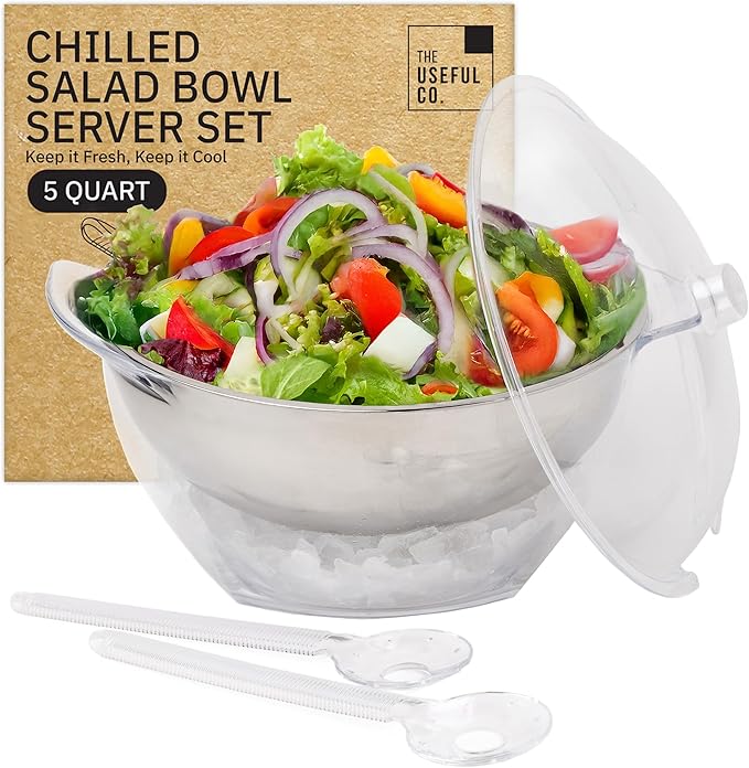Useful Co. 5QT Salad Bowl Set on Ice - Large Salad Bowl with Lid & 2 Servers - Chilled Tray for Cold Food, Party Buffet - ...