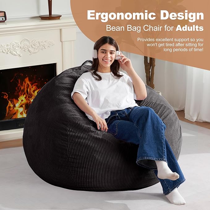 Homguava 4FT Bean Bag Chair for Adults,Teardrop Bean Bags Big Beanbag Chair with Memory Foam Filled and Ultra Soft Removable Corduroy Cover for Living Room, Bedroom (Black)