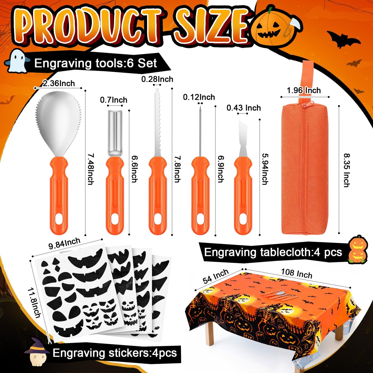 Tioncy 52 Pcs 6 Set Halloween Pumpkin Carving Kit Heavy Duty Stainless Steel Pumpkin Carving Tools with Storage Bag Tablecloth Stickers Tea Lights for Family Party Halloween Decor