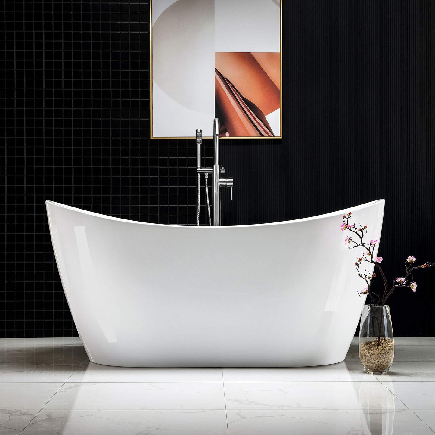 WOODBRIDGE 59" Acrylic Freestanding Bathtub Contemporary Soaking White Tub with Chrome Overflow and Drain，BTA1516-C-Drain-&O