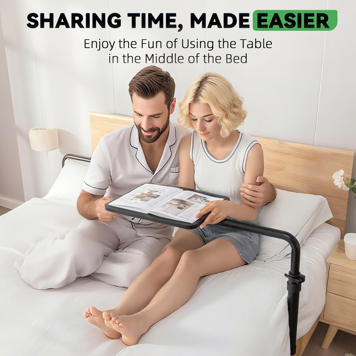 Under Mattress Table Over Bed - Height Adjustable Bedside Desk, 360 Degree Rotatable Tray & Tilt Top Laptop Computer Study Desk for Hospital and Home Use