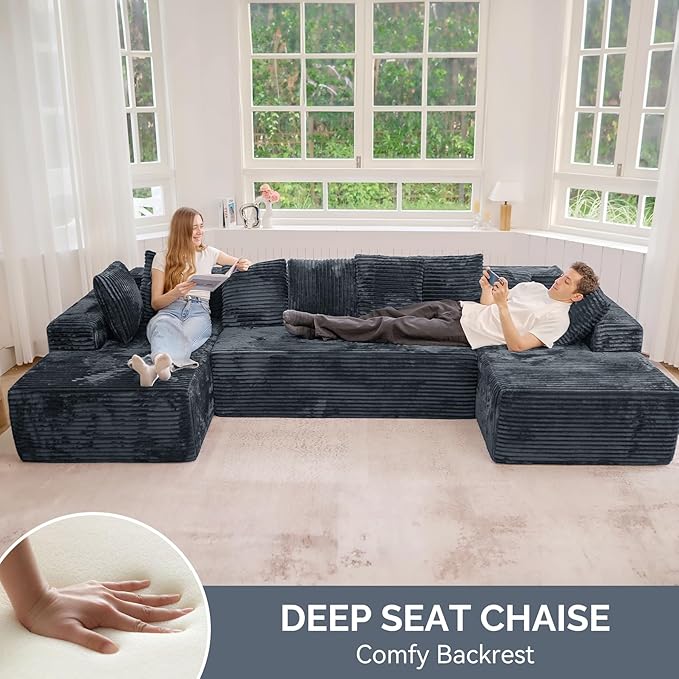131'' Modular Sectional Cloud Sofa, U-Shaped Boneless Couches with Chaise Lounge Deep Seat with 8 pcs Pillows, Fluffy Memory Foam(No Assembly Required)