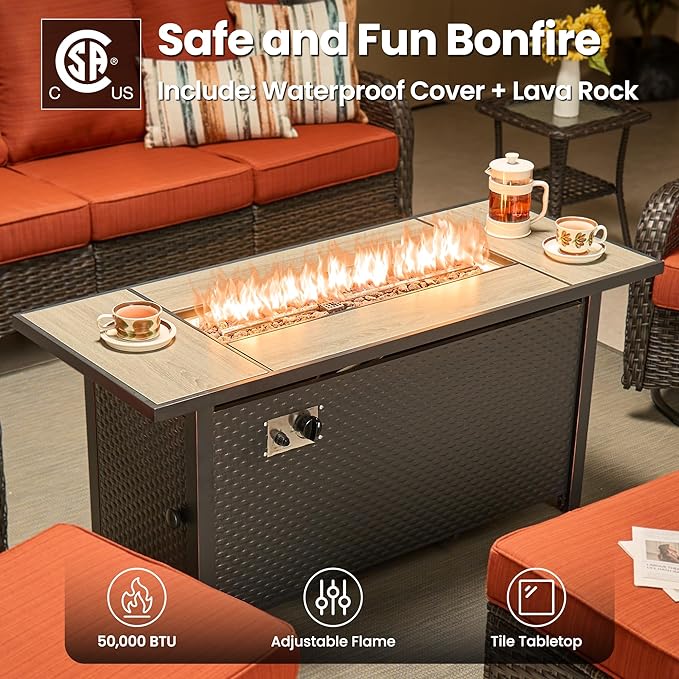 ovios 7 Pieces Patio Furniture Set, Outdoor Wicker Sofa Couch with Swivel Chairs 54" Fire Pit Table, High Back Modern All Weather Conversation Sets, Brown Rattan, Orange Red