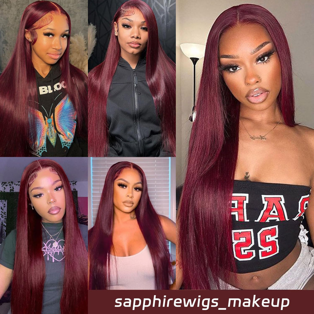 SAPPHIREWIGS 13x6 Burgundy Red Lace Front Wigs Pre-Plucked 99J Long Straight Glueless Synthetic Lace Front Wigs Ready to Wear fo