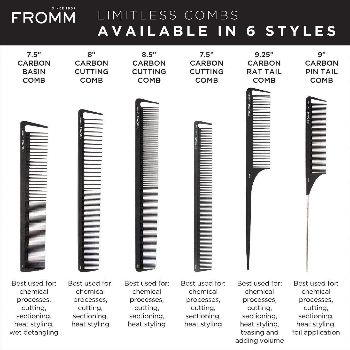 Fromm Limitless 7.5 Carbon Basin Comb with Rounded Tips and Sectioning Tooth for Cutting, Sectioning, Styling, and Detangling, H