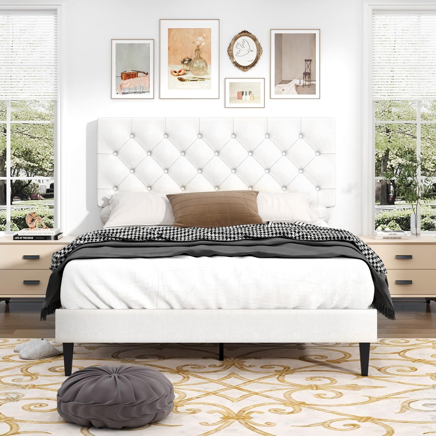 Full Size Bed Frame with Headboard, Upholstered Platform Bed with Adjustable Button Tufted Headboard, Fabric Bed Frame with Wooden Slats Support, No Box Spring Required, Easy Assembly, White