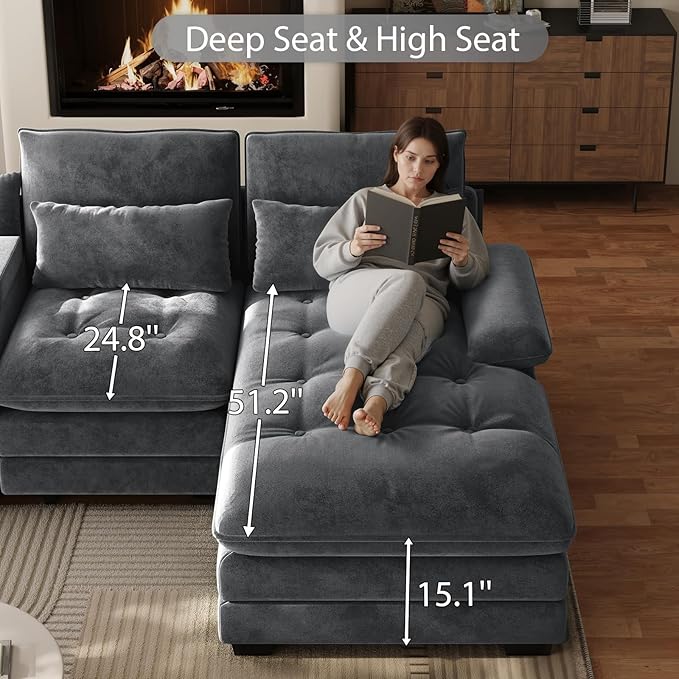 BEQAI 134" U Shaped Sectional Couches for Living Room,Modern Chenille 6 Seat Living Room Sofa Set with Storage Console,Oversized Modular Sectional Fluffy Couch with Tufted Buttons & Chaise Lounge,Grey