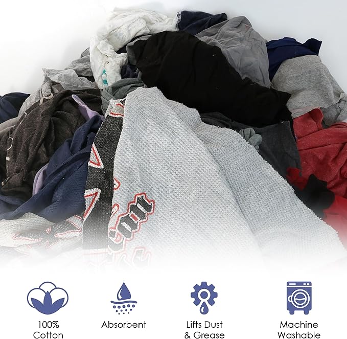 Huck & Terry Tshirt Bag of Rags Multicolored (50LB), Cotton Blend, Paint Cloth and Multipurpose, Kitchen, Auto, Staining Rags, Lint Free Absorbent Washable 18 x 18 in (50 LBS Bag)