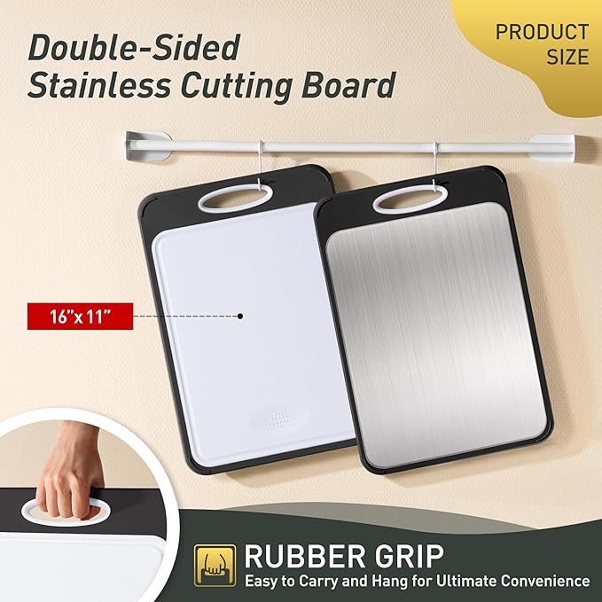 2 in 1 Stainless Steel Cutting Board with Handle Chopping Best Non Toxic Cutting Boards 2 Sided Cutting Boards for Kitchen Butcher Board Best Hardwood Kitchen Counter Organic Vegetable Meat BBQ Kit