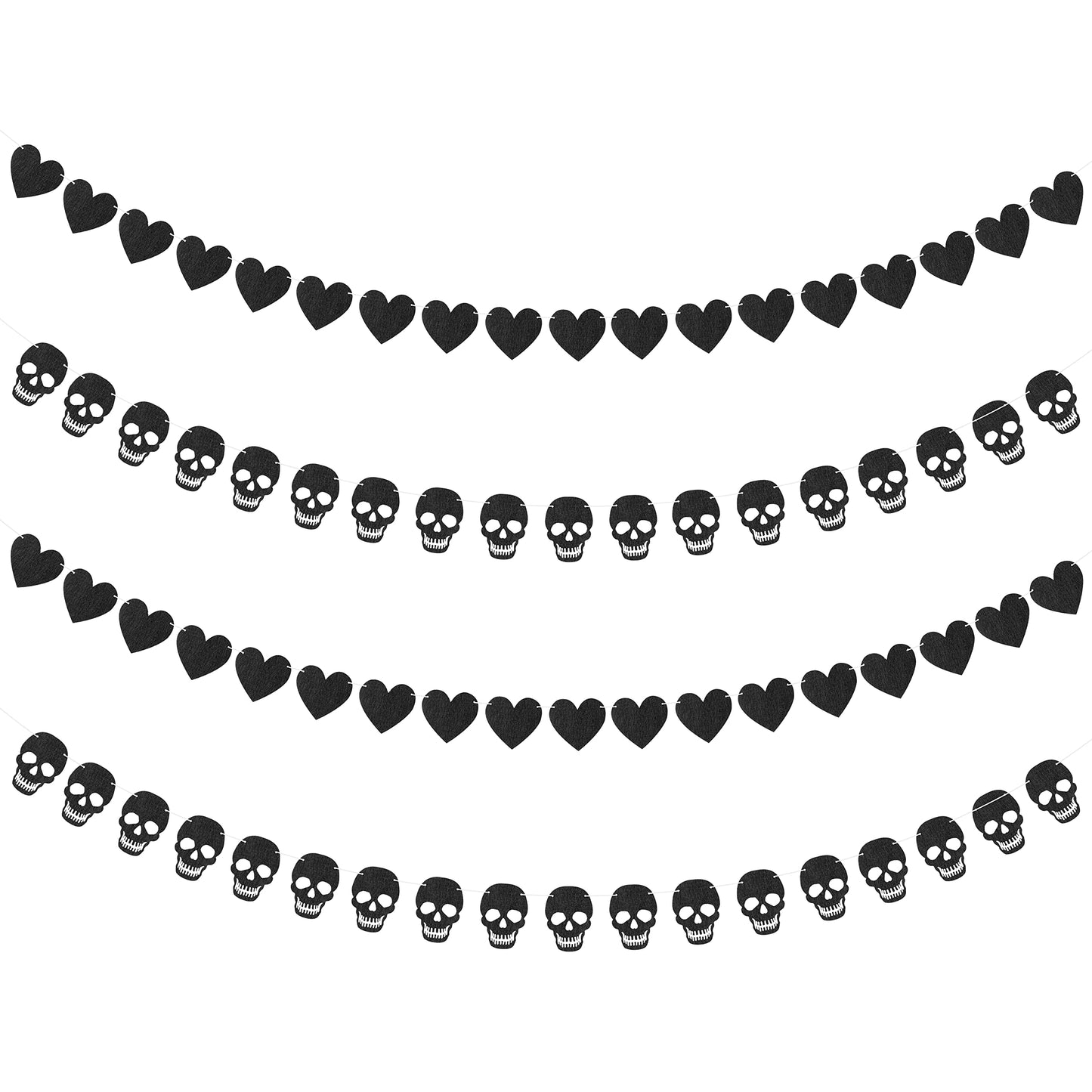 K1tpde 4PCS Gothic Black Heart Skull Garland Banner Kits, Black Felt Heart Banner for Valentines, Skull Garland Backdrop for Gothic Birthday Party Decorations, Halloween Home Decor