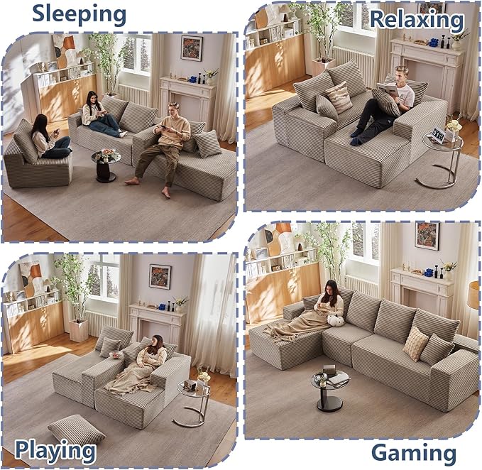 135.4" Cloud Sectional Couch with L-Shape Chaise, Modern Corduroy Boneless Couch for Living Room,Memory Foam Sofa with Deep Seat,No Assembly Required (Camel,Left-Facing Chaise)