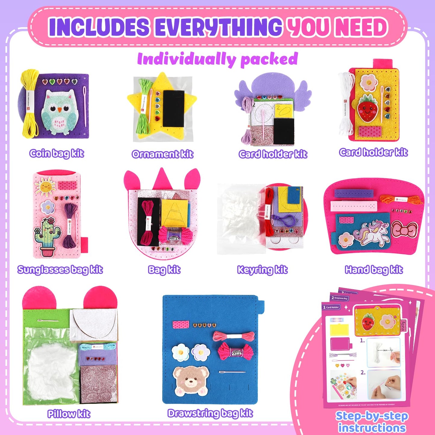 Sewing Kit for Beginner Kids, 10Pcs Unicorn Bear DIY Arts and Crafts Box, Felt Art Projects, Blind Box Craft Supplies, Learn to Sew Embroidery Kit, Birthday Gift for Girls 3 4 5 6 7 8 Years Old