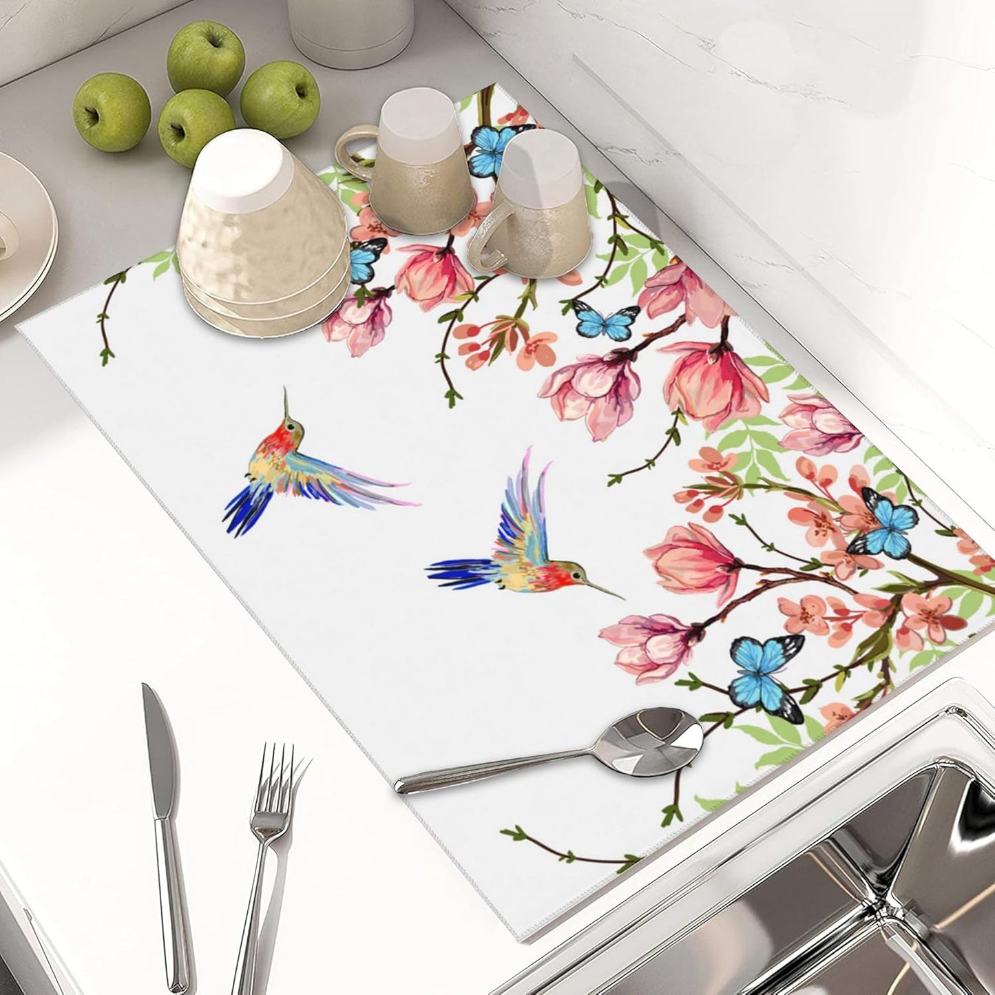 Large Dish Drying Mat for Kitchen Counter,18"X24" Wisteria Magnolia Hummingbird Butterfly Absorbent Reversible Microfiber Dish Drying Mat Dish Drainer Mat Drying Pad for Kitchen Countertop Coffee Bar