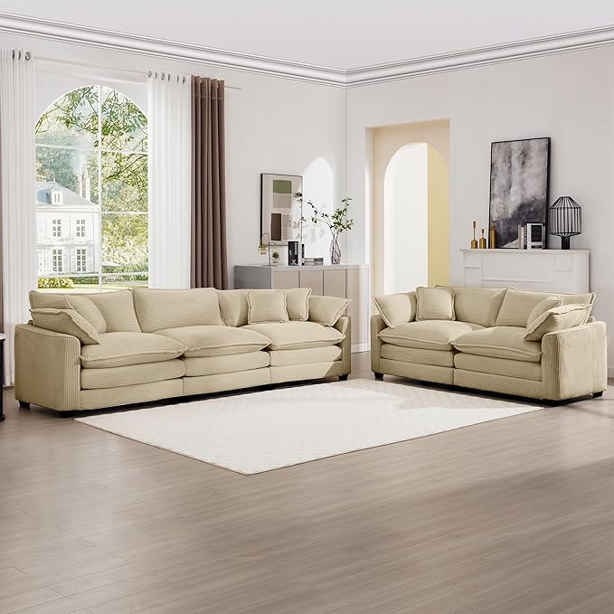 mikibama Luxury 2 Piece Sofa Set, 3-Seater & Loveseat Couch Set, Modern Corduroy Comfy Cloud Couches Set for Living Room Office with 4 Armrest Pillows and 5 Toss Pillows, Camel