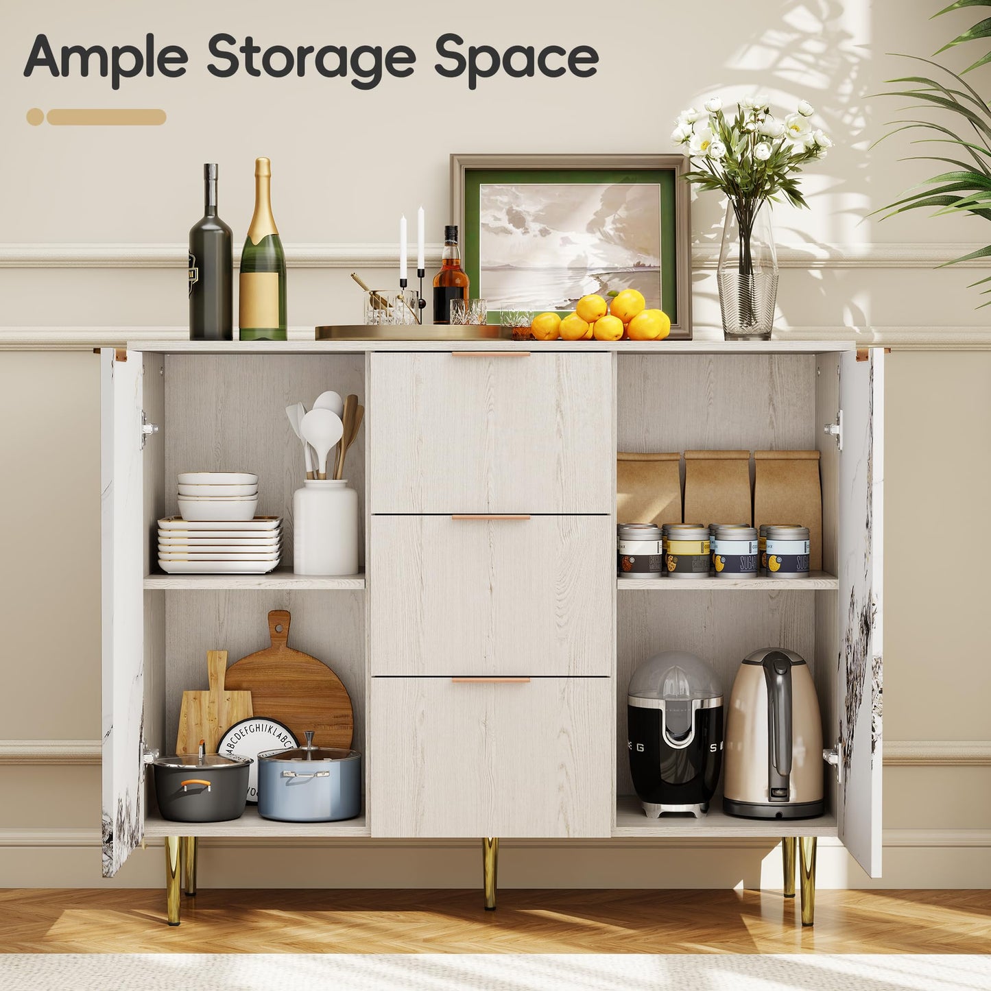 LubanNese Buffet Sideboard Cabinet with Storage, Modern Sideboard with 3 Drawers, Credenza Accent Cabinet, Wood Console Table Coffee Bar for Kitchen, Dining Room, Entryway