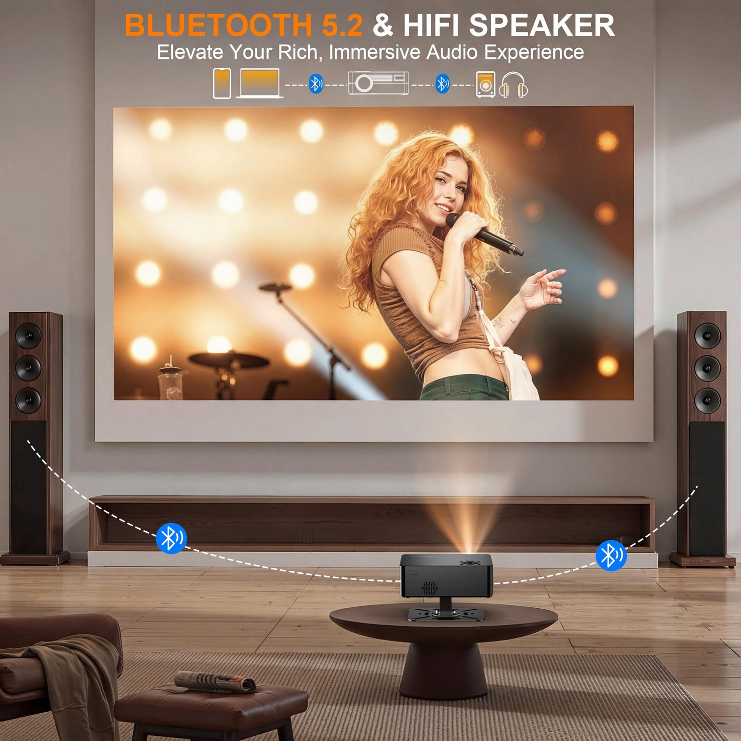 【Compatible with Netflix & 180° Stand】Smart Projector with WiFi and Bluetooth, AI Auto Focus & Keystone Portable Movie Projector, Native 1080P 4K Support Home Theater Outdoor Proyector-Black