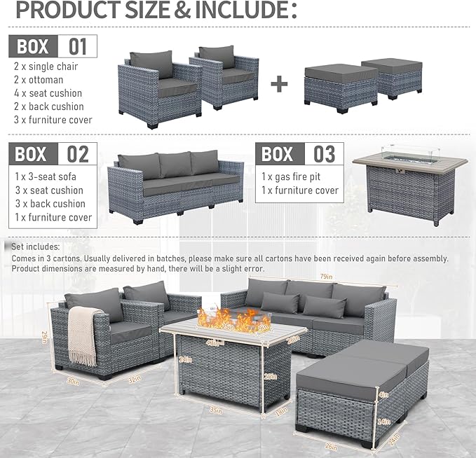 Lviden 6 Pieces Wicker Patio Furniture Sets Outdoor Conversation Set HDPE Rattan Sectional Sofa Couch with 45" Fire Pit Table and Grey Cushions