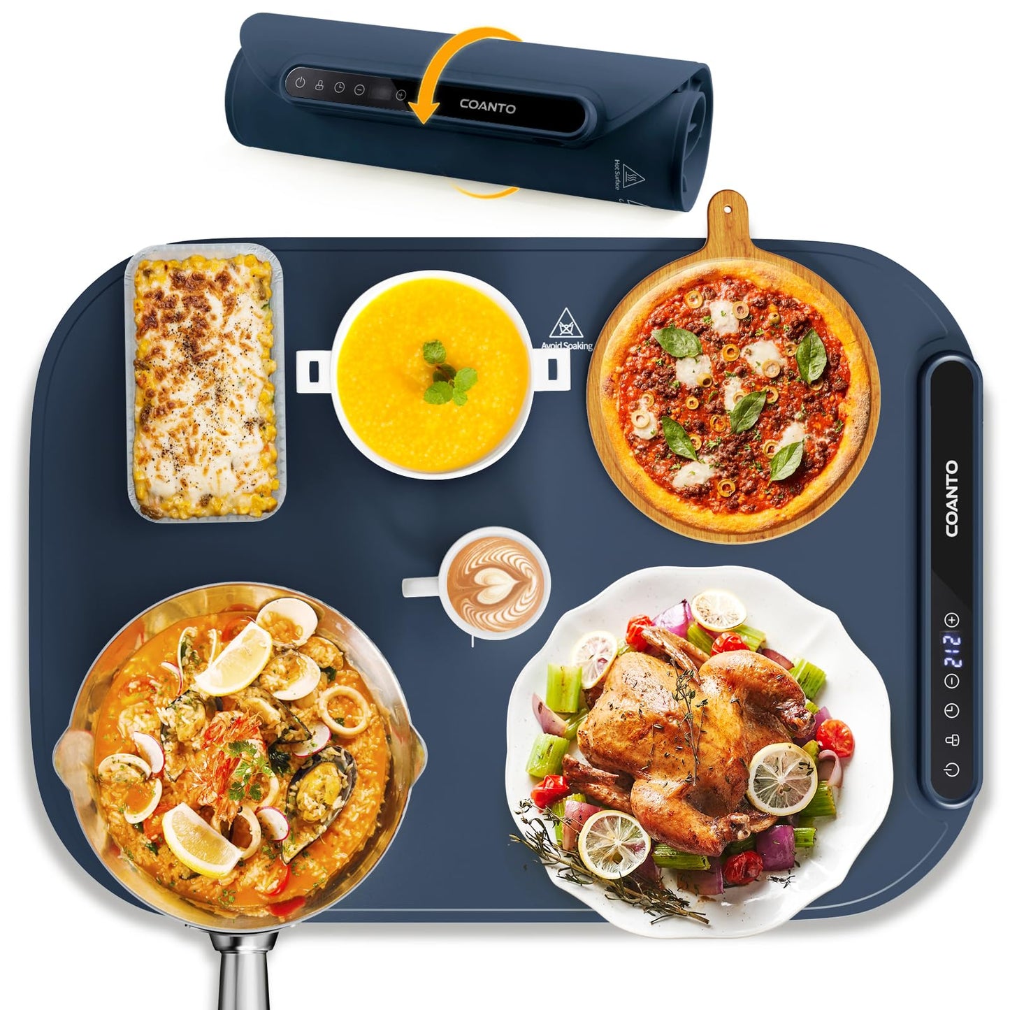 Coanto Food Warming Mat, Electric Warming Tray for Buffets & Parties, Silicone Heating Mat with 7 Temperature Settings, Roll-Up Storage, 17.91"x12.8", Blue
