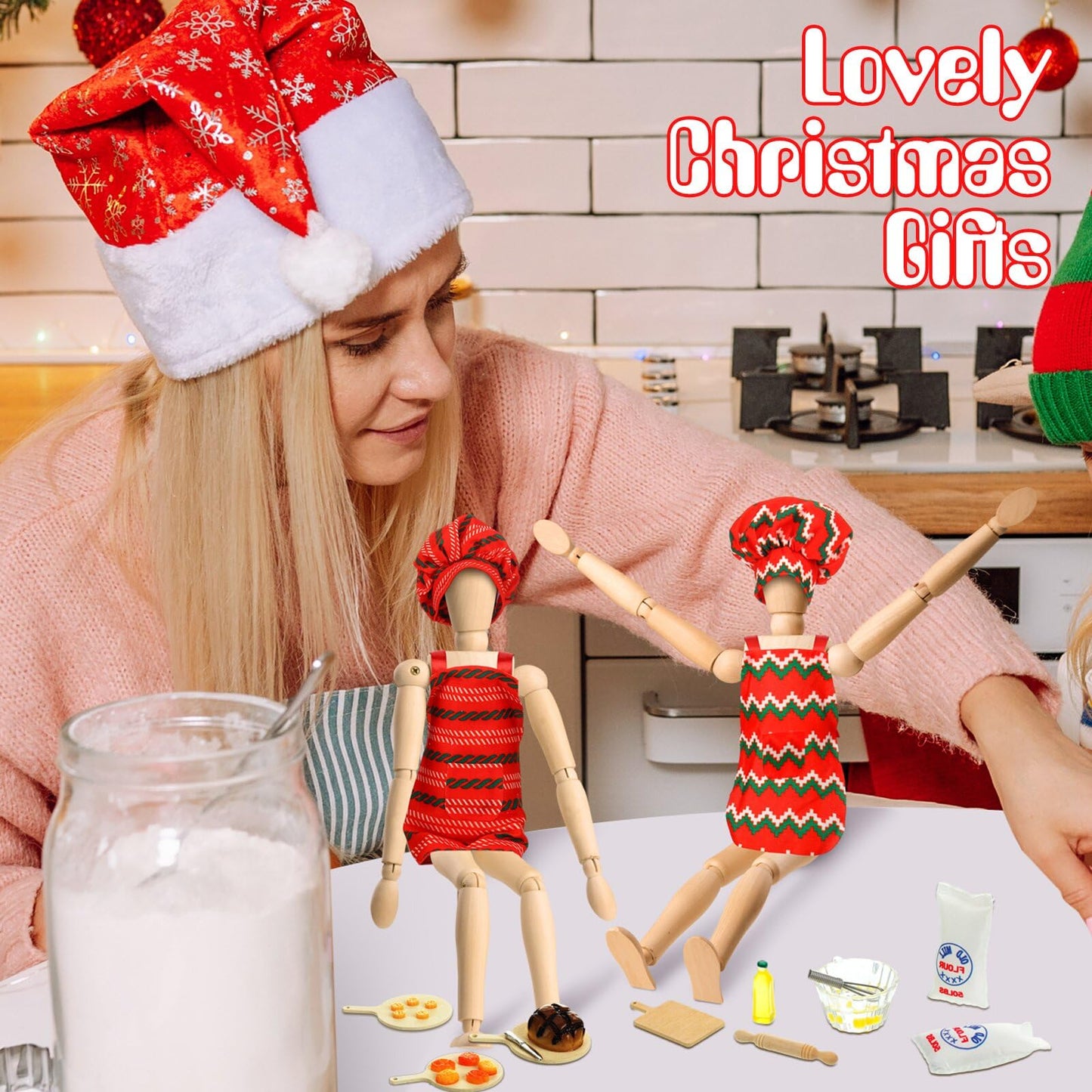 Kajaia 30 Pcs Christmas Accessories Mini Doll Baker Outfit Set Include Baking Apron and Hat Miniature Rolling Pin Flour Egg Bowl Cookie Tray Whisk, Doll is Not Included