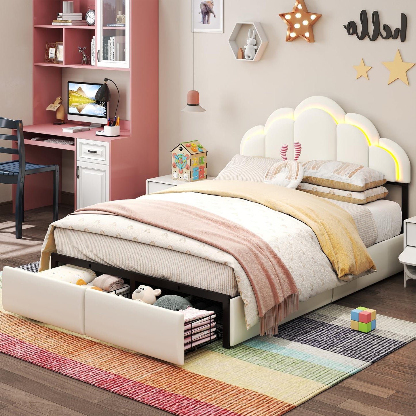 SADENICEL Full Upholstered LED Bed Frame with 2 Storage Drawers, Chic Double Wavy Headboard, Velvet Princess Platform Bed, Solid Wood Slats Support,No Box Spring Needed, Beige