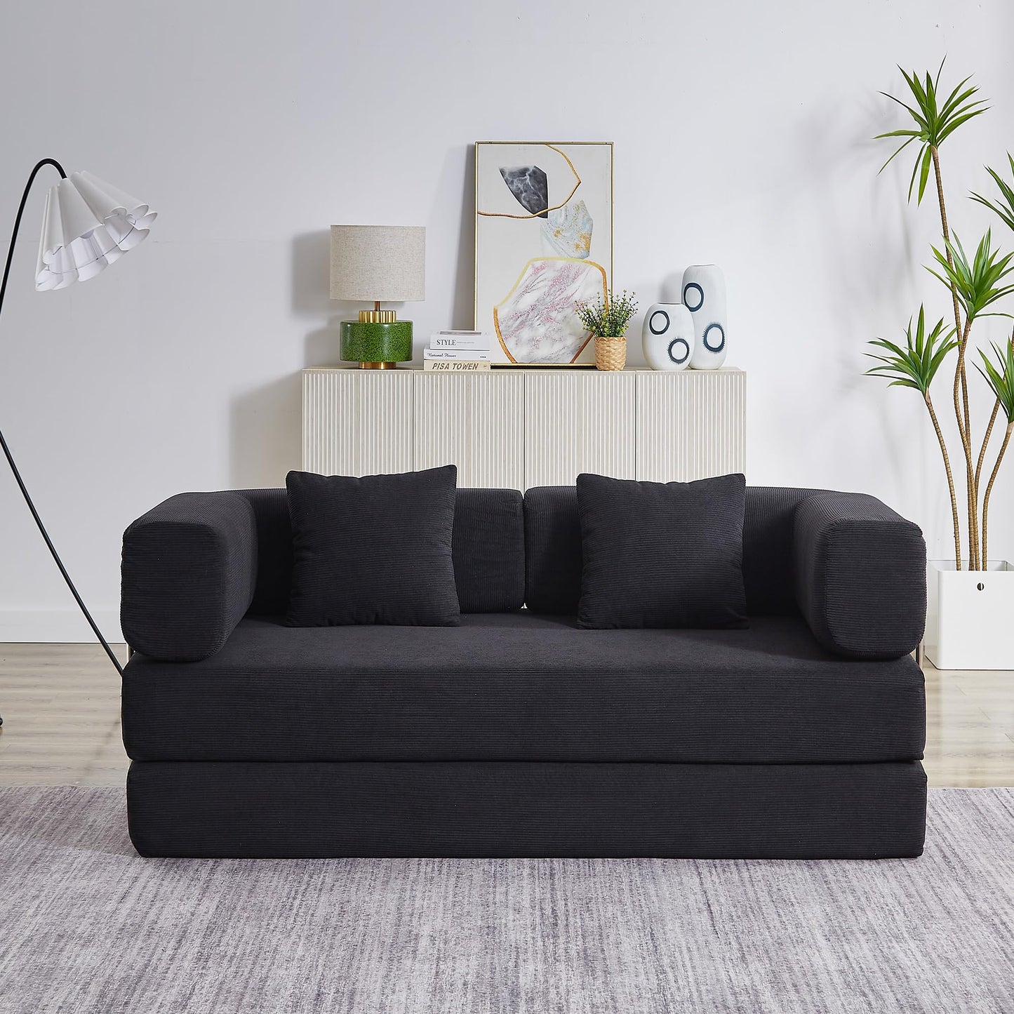 ZEIINPA Comfy Convertible Folding Mattress Couch, Floor Sofa Bed with Fixed-Shape Frame, Corduroy Floor Sofa with Armrest, Floor Sofa Lounge Couch for Living Room Bedroom Lounge Studio,Dark Black