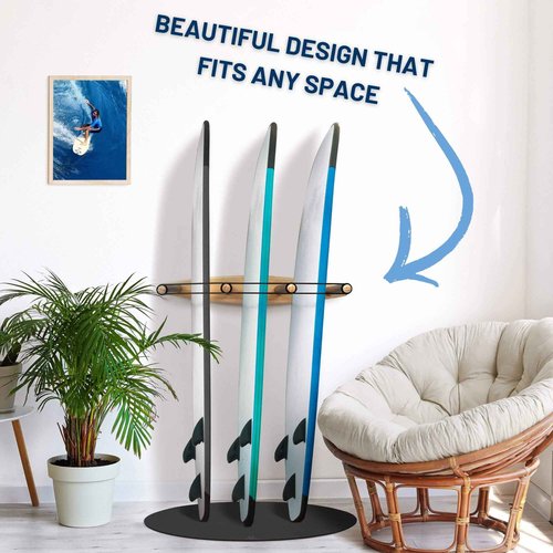 Hang 11 Vertical Surfboard Rack - Surf Racks for Wall, Sustainable Hardwood Surf Board Holder with Rubber Mat, Surfboard Wall Mount, Paddle Board & SUP Garage Storage (4 arms / 3-4 boards)