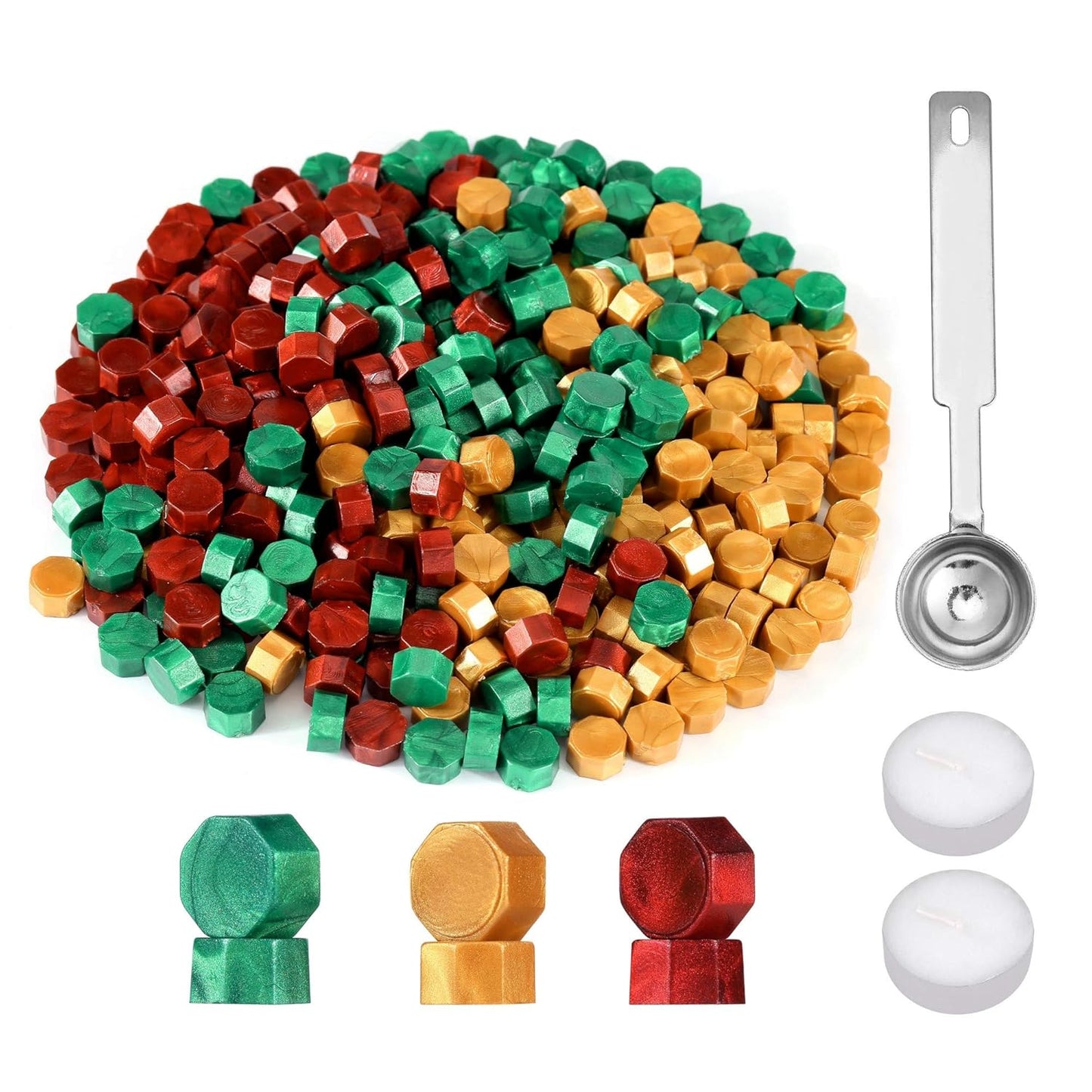 Yoption 360 Pieces Sealing Wax Beads Kit, Red God Green Christmas Sealing Wax with Candles and Melting Spoon, 3 Colors