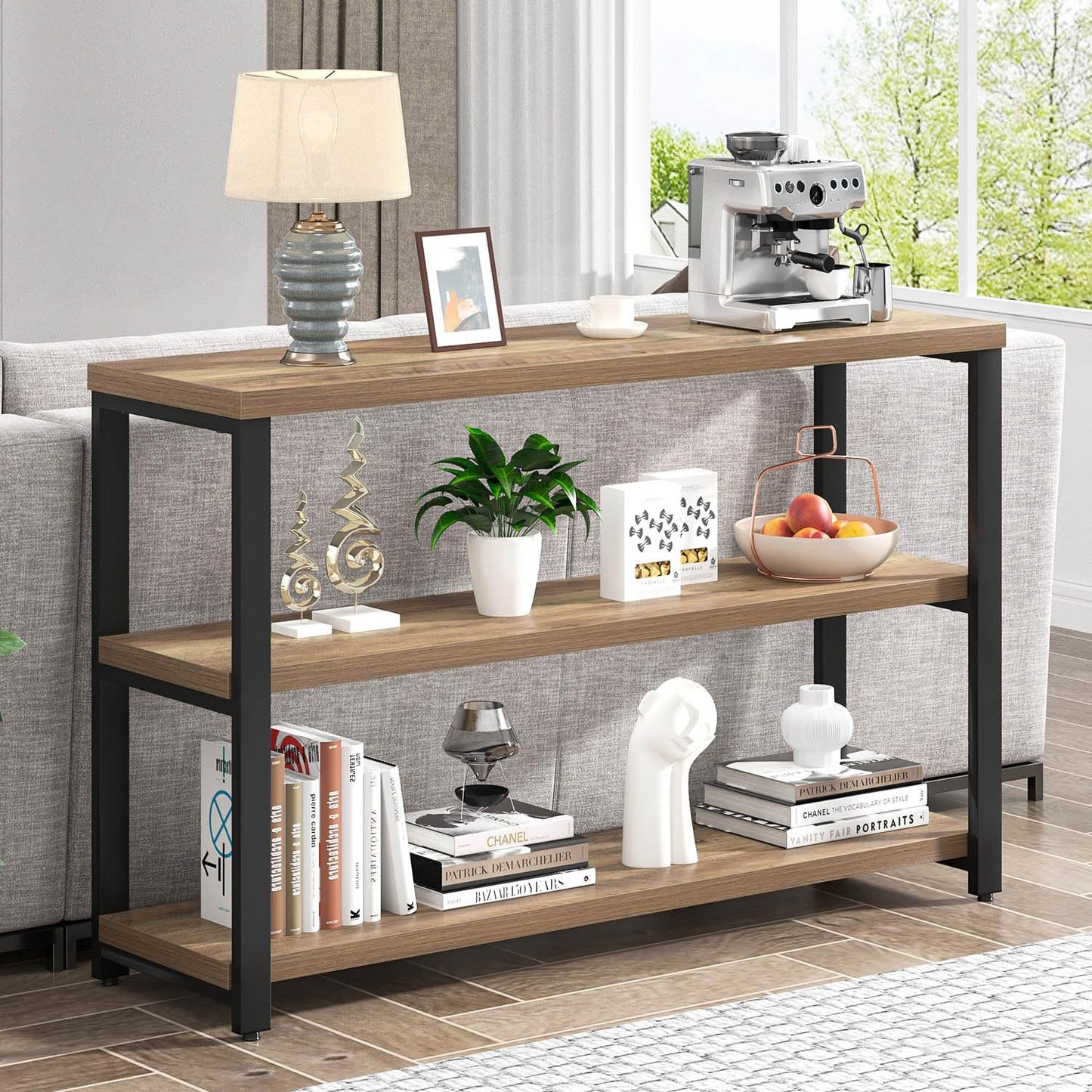 EXCEFUR 47 Inch Rustic Oak Wood Entryway Table, Modern Sofa Table Behind Couch for Living Room, Console Table with 3 Tier Shelves, Foyer Hallway Table with Storage