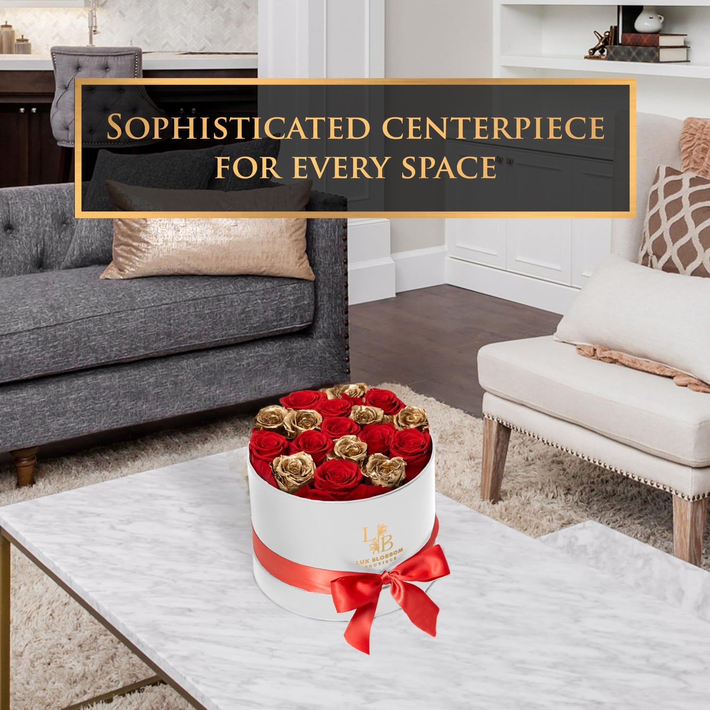 LUX BLOSSOM BOUTIQUE 17 Forever Roses in a Box - Luxury Red & Gold Forever Flowers, Gold Roses, Eternal Sparkling Roses Bouquet, Birthday Gifts for Wife, Flowers for Delivery Prime (White Box)