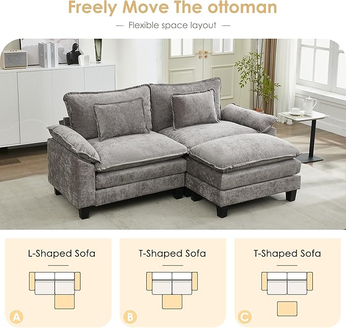 URRED Cloud Couch Modular Sectional Sofa, 87" Modern L Shaped Deep Seat Sofa with Ottoman & Pillows, Ultra Comfy Chenille Couches for Living Room, Bedroom or Apartment, Grey