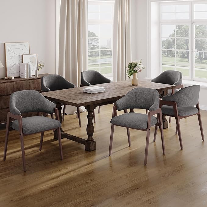 MALOL Wooden Dining Chairs Set of 6, Modern Fabric Upholstered Dining Room Chair, Kitchen Side Chairs, Farmhouse Dinner Chair with Curved Open Back for Kitchen, Grey
