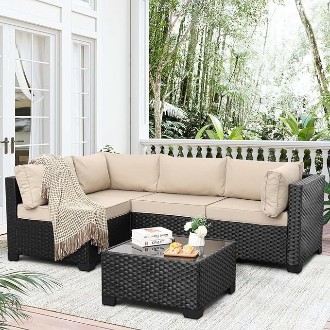 WAROOM Outdoor Patio PE Wicker 5 Piece Furniture Set, Black Rattan Sectional Conversation Sofa Chair with Coffee Table,Khaki Cushion