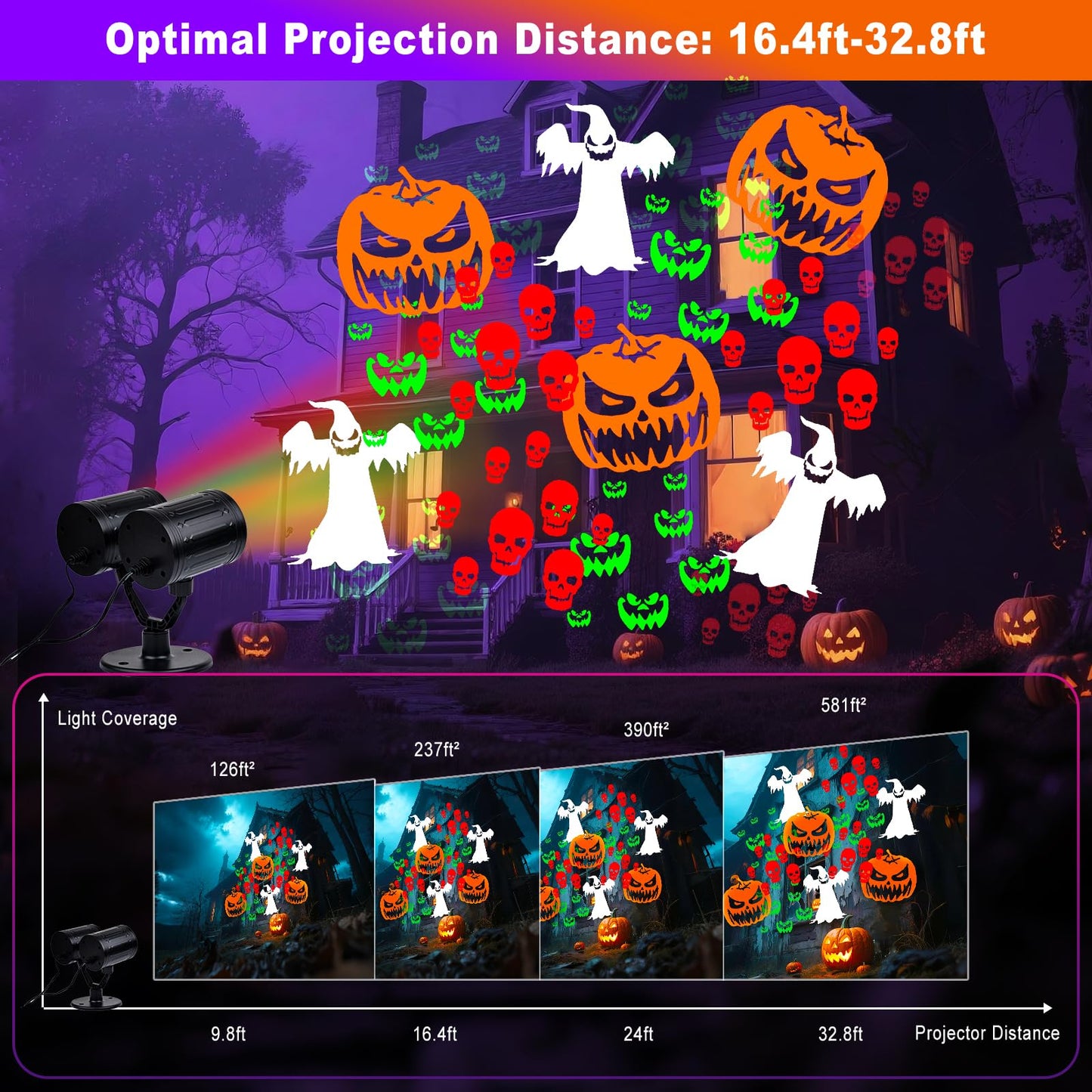 Upgraded Halloween Projector Lights Outdoor, Double Head Dynamic Projector Lights Indoor, 360° Rotating Waterproof Pumpkin Ghost Skeleton Bats Projection Light for House Patio Window Party Decor