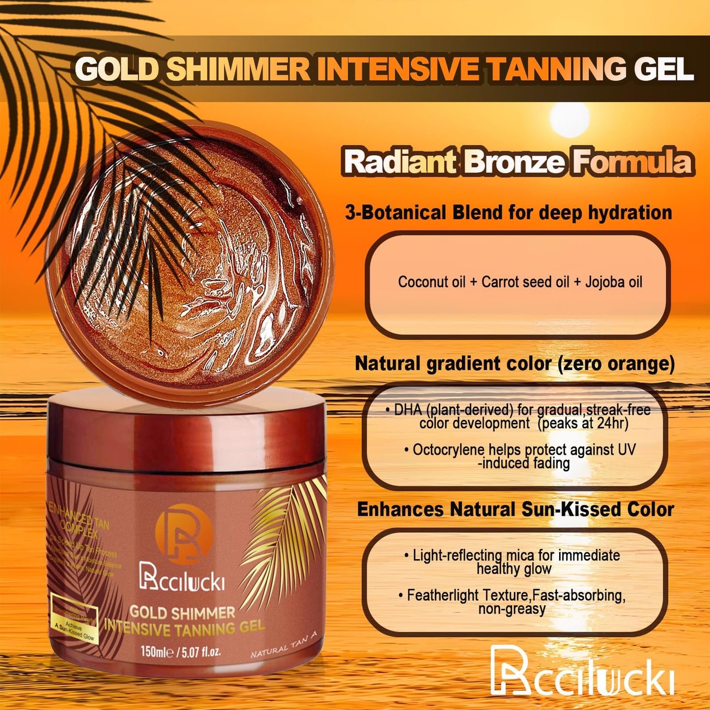 Golden Shimmer Tanning Gel-Browning Tan Accelerator-Hydrating Bronze Enhancer with Carrot & Coconut | Tanning Cream for Sun/Tann