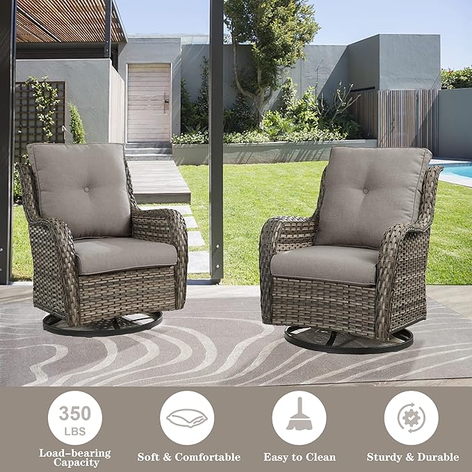 Belord 5 Piece Outdoor Patio Furniture Set - Wicker Furniture Patio Conversation Set, Outdoor Swivel Rocker Chairs with 3-Seater Sofa and 2 Ottomans for Small Space, Gray Cushion