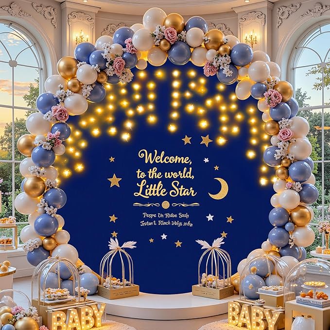 7.2 FT Navy Blue Round Backdrop Cover with Lights String for Circle Arch Stand Circle Backdrop Covers with LED Fairy Light...