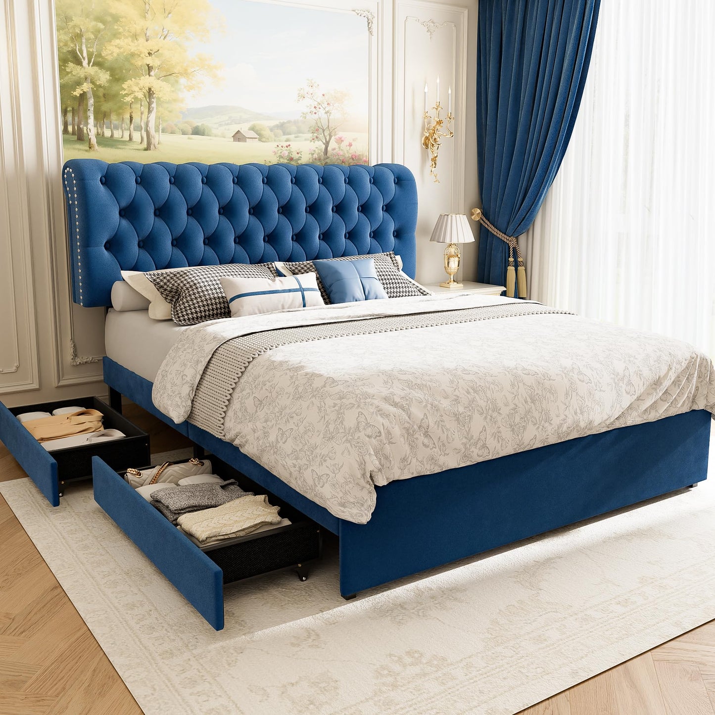 LegacyAmerhome Queen Bed Frame with Headboard, Upholstered Platform Bed Frame Queen Size 4 Drawers Storage, Metal Bed Adjustable Tufted Headboard, No Box Spring Needed, Wood Slat Support, Velvet Blue