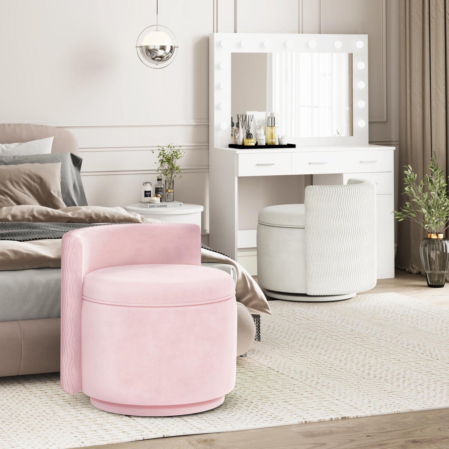 allamazing 360° Swivel Accent Chair with Storage, Vanity Stool with Back, Velvet Storage Ottoman, Upholstered Round Barrel Vanity Chair for Living Room, Makeup Room, Bedroom (Pink)