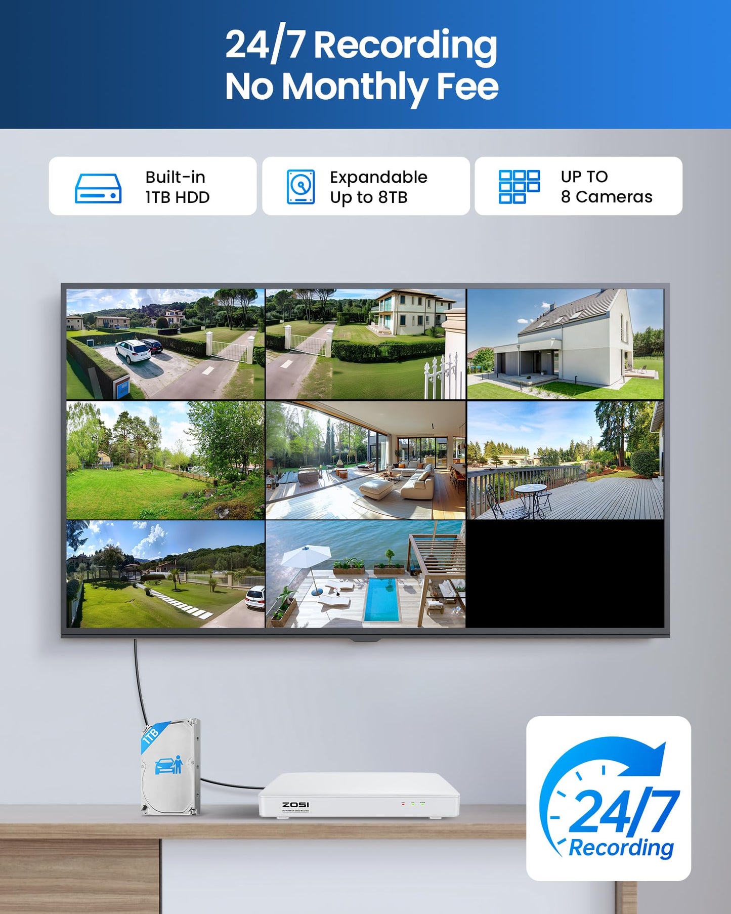 ZOSI 8CH Home Security Camera System with Audio, Person Vehicle Detection, Night Vision, 8pcs 1080P Outdoor Indoor Cameras, 8 Channel H.265+ Surveillance CCTV DVR with 1TB HDD for 24/7 Recording