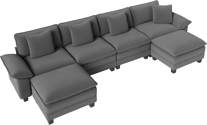 MIXPATIO 157-Inch U Shaped Sectional Sofa with Cloud Cushions, Deep Seat Modular Couch Set w/ 6 Seats & 2 Ottomans, Removable Arms, Plush Corduroy Upholstery for Living Room, Apartment - Gray